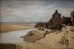 Vissershuizen in Trouville door Jean Baptiste Camille Corot