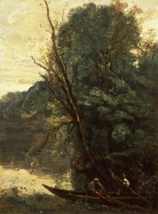 Vissen met netten, avond door Jean Baptiste Camille Corot