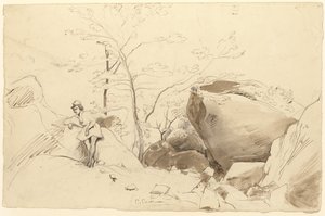 Fontainebleau, figuur leunend tegen een rots door Jean Baptiste Camille Corot