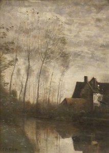 Frans: Scène de rivière avec maisons et peupliers Een rivierscène met huizen en populieren door Jean Baptiste Camille Corot