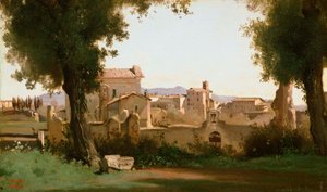 Frans:  Vue depuis les Jardins Farnèse Uitzicht vanaf de Farnese tuinen, Rome door Jean Baptiste Camille Corot