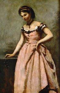 Meisje in roze jurk met rozen en een parel ... door Jean Baptiste Camille Corot