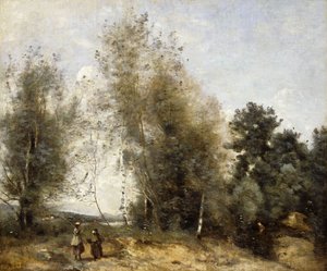 Groep Bomen aan de Rand van een Vijver met Drie Boeren