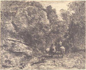 Ruiter en Zwerver in het Bos (Le Cavalier en forêt et le piéton) door Jean Baptiste Camille Corot