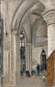 Interieur van de kerk in Mantes door Jean Baptiste Camille Corot