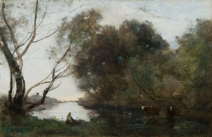 Meer: ondergaande zon, ca. 1820-1860 door Jean Baptiste Camille Corot