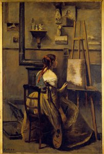 Het atelier van Camille Corot, jonge vrouw zittend voor een ezel door Jean Baptiste Camille Corot