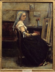 Het atelier of vrouw voor een ezel door Jean Baptiste Camille Corot