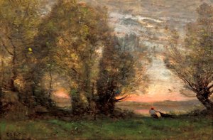 De vissers, avondlicht door Jean Baptiste Camille Corot
