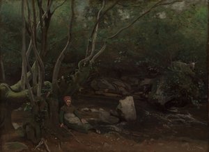 Lormes: Geitenmeisje zittend naast een stroom in een bos door Jean Baptiste Camille Corot