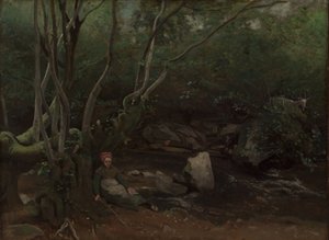 Lormes: Geitenmeisje zittend naast een stroom in een bos door Jean Baptiste Camille Corot