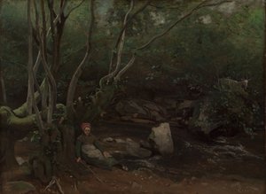Lormes: Geitenmeisje zittend naast een stroom in een bos, 1842 door Jean Baptiste Camille Corot