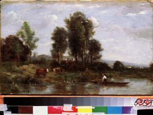 Landschap met een rivier door Jean Baptiste Camille Corot