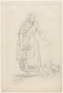 Boerenmeisje dat kippen voert door Jean Baptiste Camille Corot