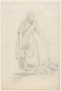 Boerenmeisje Voedt Kippen, 1800s door Jean Baptiste Camille Corot