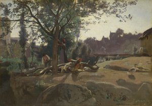 Boeren onder de bomen bij zonsopgang, ca. 1843 door Jean Baptiste Camille Corot