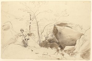 Pen en bruine inkt, penseel en bruin gewassen over potlood op papier door Jean Baptiste Camille Corot