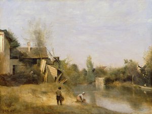 Oever van de rivier bij Mery sur Seine, Aube, ca. 1870 door Jean Baptiste Camille Corot