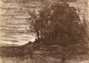 Het bos van de kluizenaar, of de oevers van het Meer van Trasimène door Jean Baptiste Camille Corot
