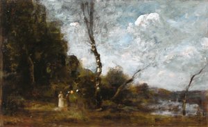 Drie boerinnen bij een bos door Jean Baptiste Camille Corot