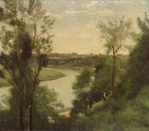 Een Rivier Gezien van Boven Tussen de Bomen door Jean Baptiste Camille Corot