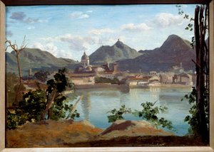 Uitzicht op het meer en de stad Como. Schilderij door Camille Corot (1796-1875) 1834 door Jean Baptiste Camille Corot