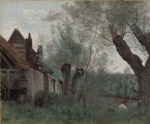 Wilgen en boerderij in Sainte-Catherine-lès-Arras door Jean Baptiste Camille Corot