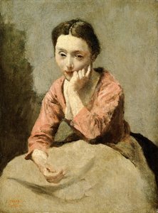 Vrouw in een roze blouse door Jean Baptiste Camille Corot