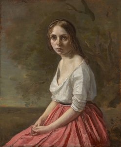 Jonge Vrouw in een Roze Rok door Jean Baptiste Camille Corot