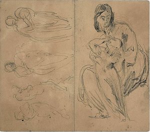 Schetsen: Vier figuren en zittende moeder en kind (recto); zittende moeder en kind (verso)