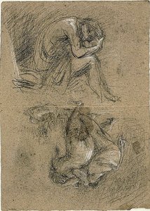 Schetsen: Zittende man met hoofd in handen en twee figuren die naar anderen buigen op de achtergrond (recto); Liggende vrouw (verso)