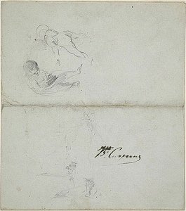 Schetsen van twee kinderen, boten op zee (recto); schetsen van stappend mannelijk figuur die staf vasthoudt en kustgezicht (verso)