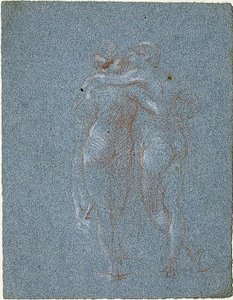 Twee Staande Figuren, Omhelzend (recto); Man met Zeis en Schetsen van Gebouwen (verso)