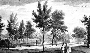 Een uitzicht op de Elysese Velden vanaf de bron van Helicon, Stowe House Gardens, gegraveerd door George Bickham, 1753