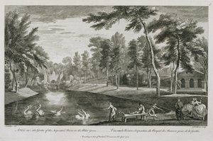 Een Uitzicht op de Grot van de Serpentine Rivier in het Elzenbos bij Stowe, 1753, gegraveerd door George Bickham