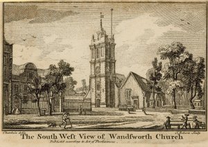 Het zuidwestelijke uitzicht van de Wandsworth Kerk door Jean Baptiste Claude Chatelain