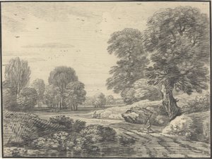 Reizigers op een weg in een bosrijk landschap door Jean Baptiste Claude Chatelain