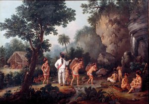 Slavernij; slavenjacht Indiaanse families (uit Brazilië?) worden meegenomen door slavenhandelaren door Jean Baptiste Debret