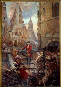De ridder Roze bij de Montée des Aroules in Marseille. Nicola Roze (1675-1733) bevrijdt de wijk Armoules in Marseille van de lijken van de pestlijders tijdens de grote pest van 1720. Schilderij door Jean-Baptiste Duffaud (1852-1927)