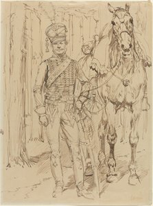 Een Franse Huzaar die een Paard Leidt door Jean Baptiste Edouard Detaille