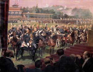 De vlaggenparade in Longchamp door president Jules Grevy in aanwezigheid van Leon Gambetta op 14 juli
