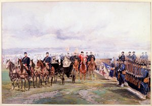 Tsaar Nicolaas inspecteert de troepen met Felix Faure in Chalon-sur-Marne tijdens zijn bezoek aan Frankrijk, 9 oktober