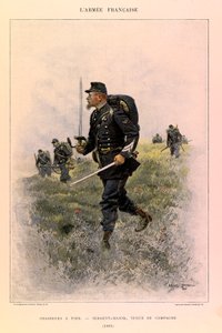 Types en uniformen van het Franse leger van kapitein Jules Richard, geïllustreerd door Edouard Detaille (1848-1912): Voetjagers: Sergeant-majoor in veldtenue in 1885, Privécollectie