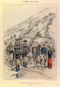 Typen en uniformen van het Franse leger van kapitein Jules Richard, geïllustreerd door Edouard Detaille (1848-1912): Inheemse Tirailleurs in kolom in 1886, Privécollectie door Jean Baptiste Edouard Detaille