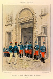 Typen en uniformen van het Franse leger van Kapitein Jules Richard, geïllustreerd door Edouard Detaille (1848-1912): Huzaren in Grote Kledij; Cavaleriedistrict in 1886, Privécollectie door Jean Baptiste Edouard Detaille