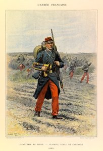 Types en uniformen van het Franse leger van kapitein Jules Richard, geïllustreerd door Edouard Detaille: Infanterie; Clairon in veldkleding in 1885