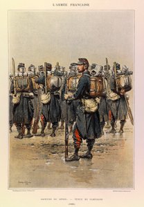 Typen en uniformen van het Franse leger van Kapitein Jules Richard, geïllustreerd door Edouard Detaille: Sappeur van de Genie in veldtenue in 1886, Privécollectie door Jean Baptiste Edouard Detaille