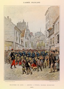Typen en uniformen van het Franse leger van Kapitein Jules Richard, geïllustreerd door Edouard Detaille: Linie-infanterie: Aankomst op het toneel tijdens de grote manoeuvres in 1885, Privécollectie