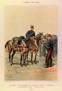 Typen en uniformen van het Franse leger van Kapitein Jules Richard, geïllustreerd door Edouard Detaille (1848-1912): Artillerie: Onderofficieren van batterijen te paard en kanonniers van batterij te voet in grote kledij in 1886, Privécollectie