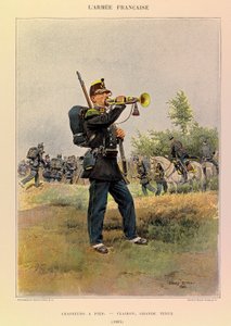 Typen en uniformen van het Franse leger van Kapitein Jules Richard, geïllustreerd door Edouard Detaille (1848-1912): Jagers te voet: Hoornblazer in grote kledij in 1885, Privécollectie